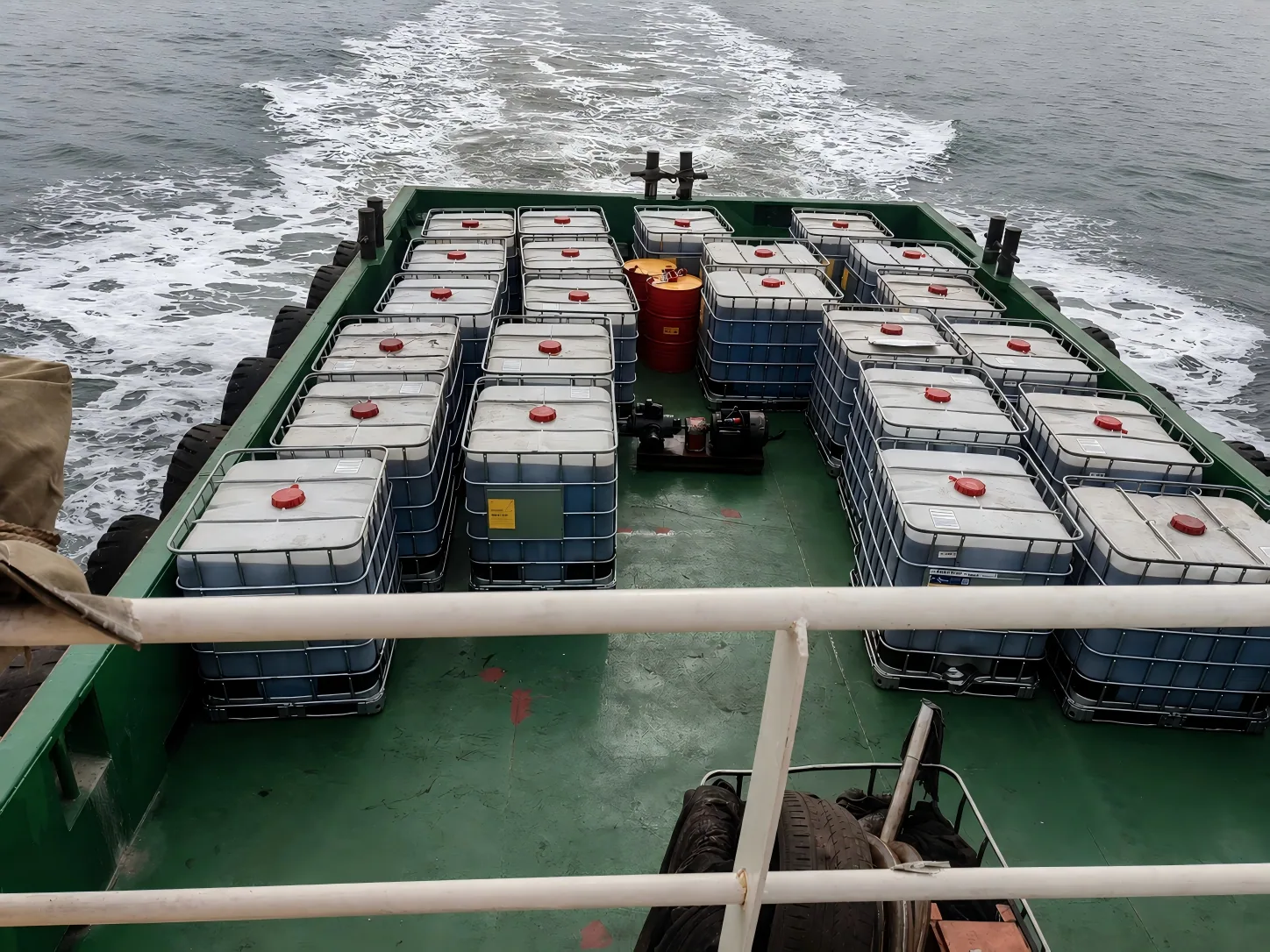 Secured IBC cargo during marine transit
